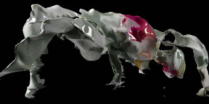 Triptych frame from Blackberry Winter featuring artificial human choreography in asymmetric neural motion