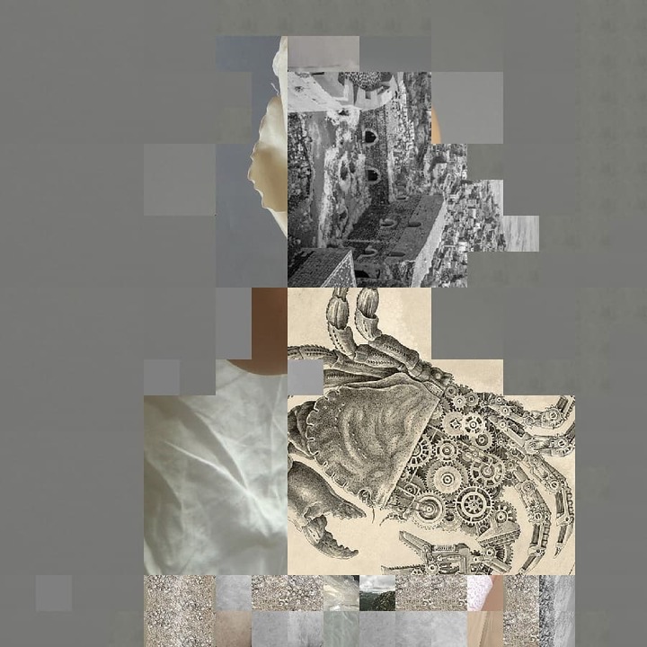 Grayscale mosaic profile portrait built from tiled photos including a mechanical crab illustration and archival architecture