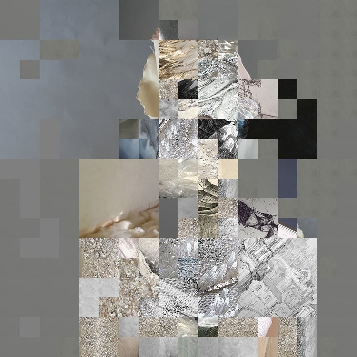 Grayscale mosaic profile portrait built from tiled fabric, foil, and etched architectural drawing fragments