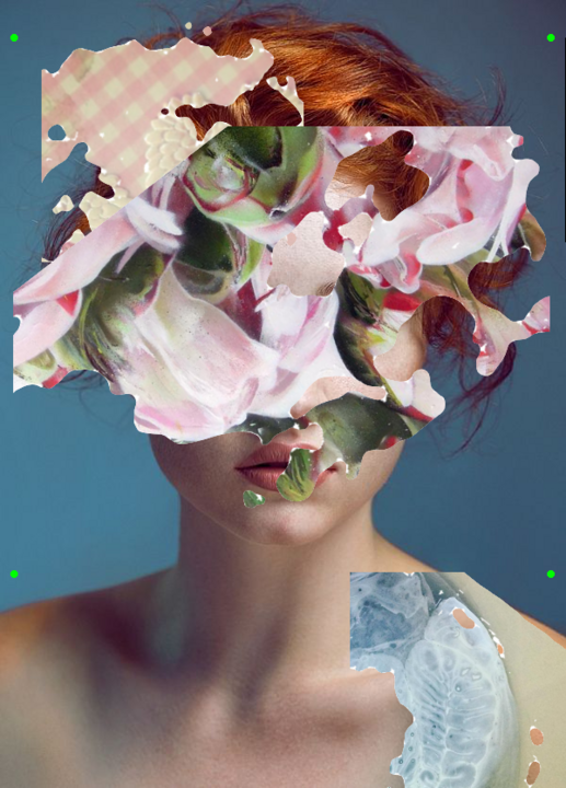 Portrait of a red-haired woman with her face obscured by a torn floral collage overlay