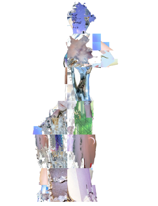 Full-length dress silhouette assembled from mismatched fabric-texture and metallic photo fragments