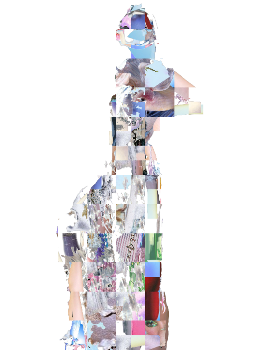 Full-length figure silhouette built from a patchwork of pastel fabric and skin-texture photo tiles