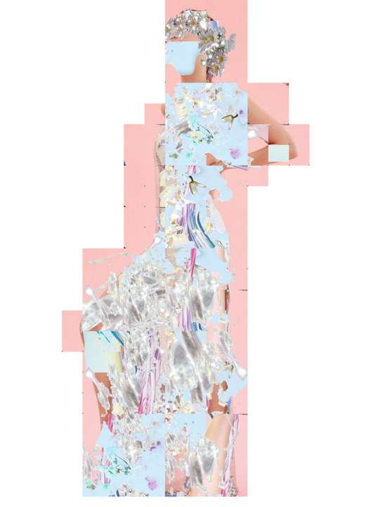 Figure wearing a floral headpiece, silhouette filled with pink, blue, and crystalline collage fragments