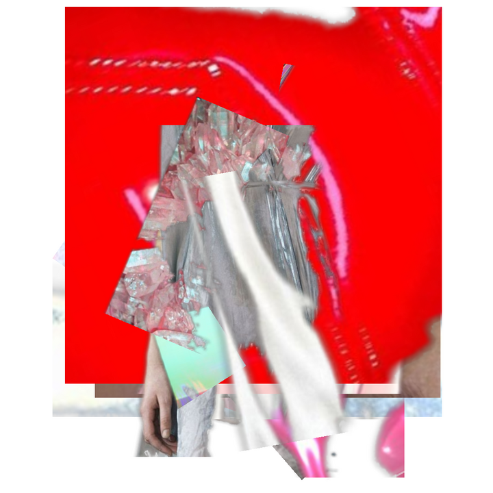 Close-up of a draped grey garment with crystalline foil textures against a bold red backdrop