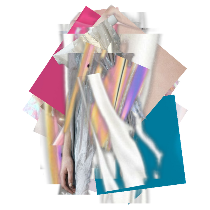 Figure in a pale draped garment overlaid with translucent magenta, teal, and iridescent geometric shapes