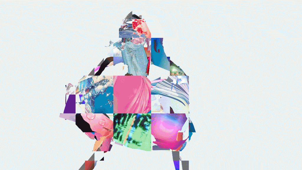 Animated silhouette of a dancing figure filled with a constantly shifting mosaic of colourful texture tiles