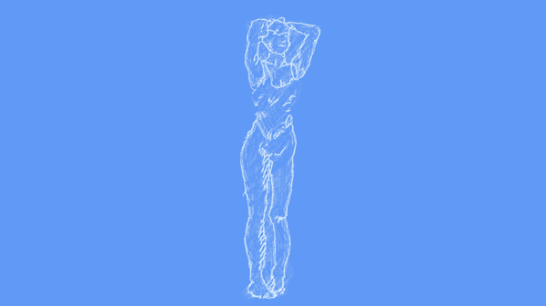 Animated white line sketch of a standing figure with arms raised behind the head, on a solid blue background.